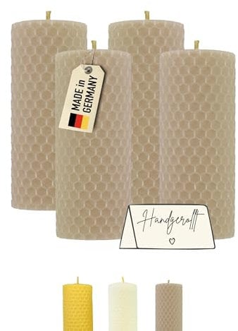Wachsmann Adventskerzen 4er-Set, 100% Bienenwachs, handgerollt, Made in Germany, beige, Bienenwachskerzen mit je 6 Stunden Brenndauer, Stumpenkerze für Weihnachten (4 x 10 cm)
