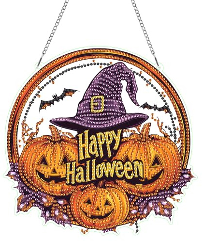 Hoobee Halloween Diamond Painting Anhänger, Kürbis Diamond Painting Fensterbilder, 5D Diamant Painting mit Kette, Wandbehang Kits-Für Zuhause Wanddekoration Und Eingang Dekoration 20x20cm(Halloween)