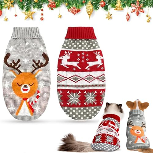 2 Stück Weihnachts Katze Hunde Pullover, Weihnachten Hundepullover, Haustier Weihnachtspullover, Katze Hund Weihnachtskostüm, für Katzen, Kleine, Mittlere und Große Hunde (L)