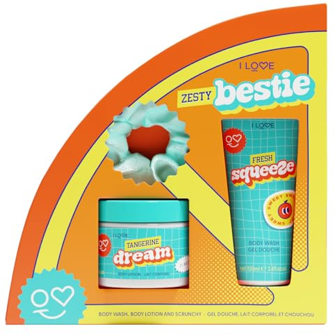I LOVE Zesty Bestie Body Wash 100ml & Moisturising Body Lotion 150ml with Hair Scrunchy – Citrus Scented Skincare Gift Set for Women & Teens, Hydrating Vegan Body Care Duo