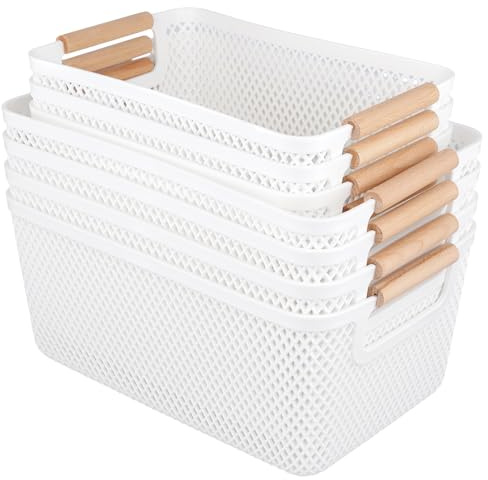 CHUEHKAK 8 Stück Aufbewahrungsbox mit Holzgriffen, Weiße Ordnungsboxen ohne Deckel aus PP-Kunststoff, Atmungsaktiv Organizer für Badezimmer, Küche, Haushalt und Wäsche