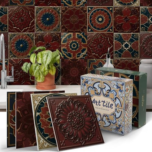 WCANSucess 12pcs Dark Red Victorian Tile Stickers Kitchen Bathroom Wall Tile Stickers Peel and Stick on Tile Transfers Covers Decals Self Adhesive Waterproof Decor (15cm x 15cm, 5.9x5.9 inches)