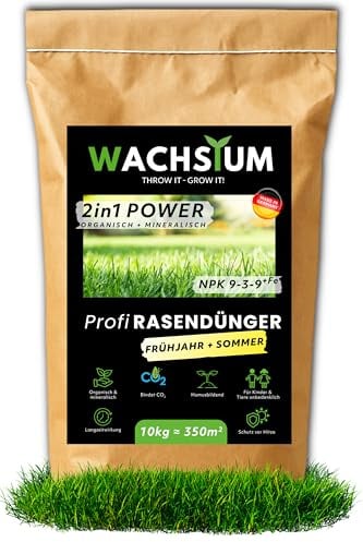 Rasendünger Frühjahr Sommer, 10 kg organisch mineralisch mit Eisen, Langzeit Granulat, verdrängt Moos, NPK 9-3-9, 350 m², Streuwagen geeignet, Turbo Wachstum, tierfreundlich