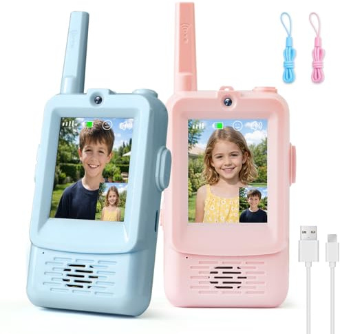 Kangtaixin HD Video Walkie Talkie Kinder, 2er Set Walkie Talkie Kinder Aufladbar, Geschenk Mädchen Junge 3 4 5 6 7 8 Jahre Spielzeug Junge und Mädchen, Walki Talki für Abenteuer im Freien (Blau+Rosa)