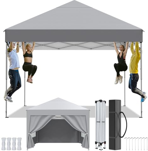 Pavillon 2.5x2.5m，Faltpavillon Wasserdicht，Winterfest，UV Schutz 50+，Stabil，Höhenverstellbar，Gartenpavillon mit 4 Seitenwänden、Tragtasche，Faltbar Partyzelt Gartenzelt für Outdoor Garten Party,Grau