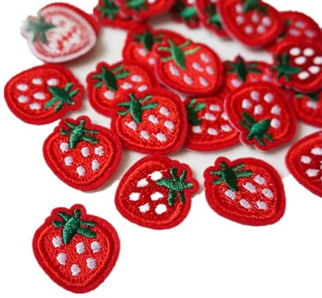 10 Pcs Mini Strawberry Iron on Patches (2x2cm), Small Red Fruit Embroidered Applique Motif, Cute Sew on Badges for Kids Clothes, Collars, Socks, Hats, DIY Decoration & Tiny Repairs