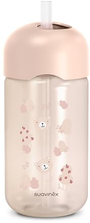 Suavinex, Vaso Aprendizaje para Bebés, Vaso Pajita de Silicona Suave y Flexible, con Sistema Antiderrame y Antigoteo, Apto Lavavajillas, Con Tapa, 340 ml, Botella para Bebés +18 Meses, Wild&Free Rosa