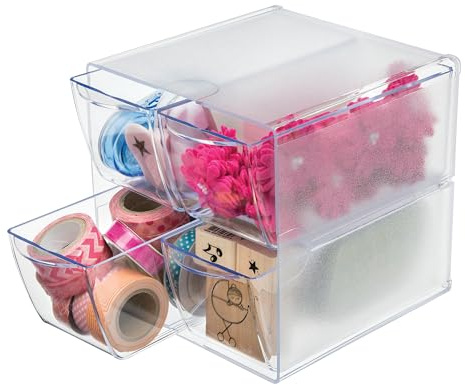 Deflecto Stackable Cube Organizer, Desk and Craft Organizer, 4 Drawers, Clear, Removable Drawers and Dividers, 6W x 6H x 7 1/8D (350301CR)