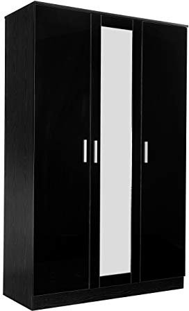 Reflect - 3 Door MIRROR Wardrobe with 4 Shelves and Handing Rail for Bedroom (H: 180cm x W: 113cm x D: 47cm) (Black Gloss/Black Oak)