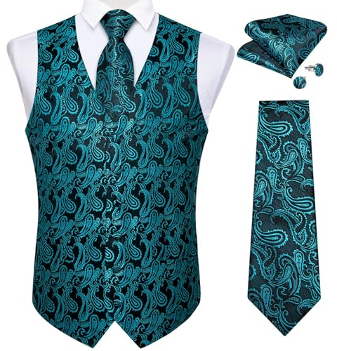 DiBanGu Herren-Weste und Krawatte, formelles Paisleymuster, Weste und Krawatte, Einstecktuch, Manschettenknöpfe, Seide, Anzugweste für Smoking, Hochzeit, Blaugrün, Large