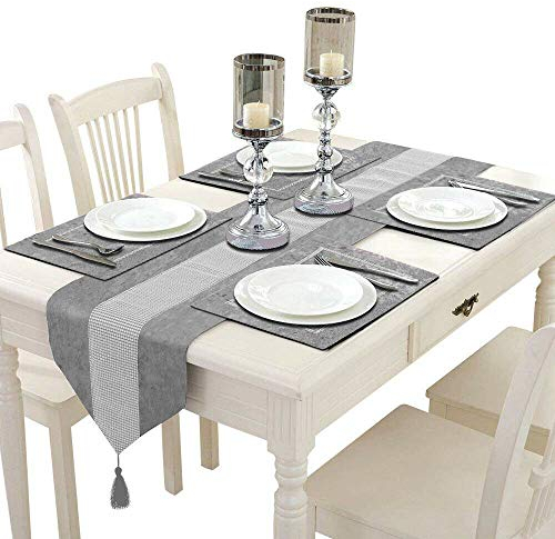 Time to Sparkle Velvet Table Runner + 4 Placemats Thick Velvet Satin Tasseled Xmas (Grey, 4*Placemats + 1*Runner)