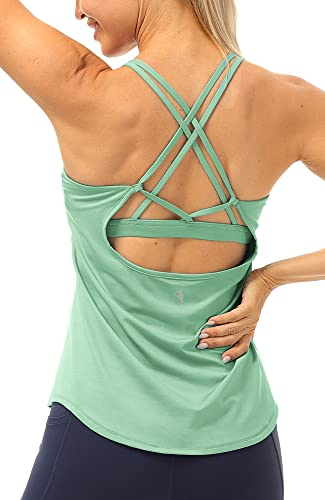 icyzone Damen Sport Yoga Tank Top mit Integriertem BH - 2 in 1 Sport Oberteile Fitness Gym Shirts (L, Hellgrün)