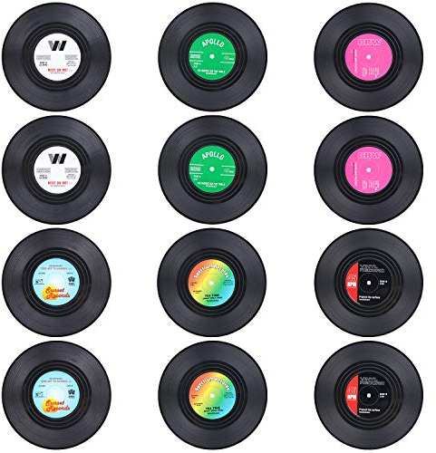 Coolty 12 Pièces Dessous de Verre en Vinyle Antidérapant, Isolant Disque CD Sous-Verres pour Café Thé Bière Vin Bouteille de Vin, 10.5 x 10.5 x 0.2 cm