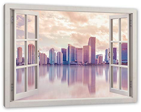 Pixxprint Miami Florida Skyline, Fenster, Größe: 60x40cm, Leinwandbild, fertig gespannt, Wandbild, Dekoration, Kunstdruck, kein Poster