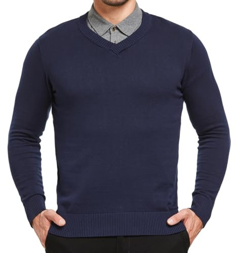 JustSun Mens Jumper Classic Sweater with V-Neck and Long Sleeve Blue Medium