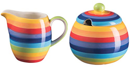 Purity Style Hand Painted Rainbow Stripe Sugar Bowl and Jug Set