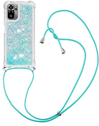 CaseLover Handykette Handyhülle für Xiaomi Redmi Note 10 4G, Glitzer Flüssig Bewegende Treibsand Transparent Silikon Case mit Kordel zum Umhängen Necklace Hülle Band für Redmi Note 10S, Silber Blau
