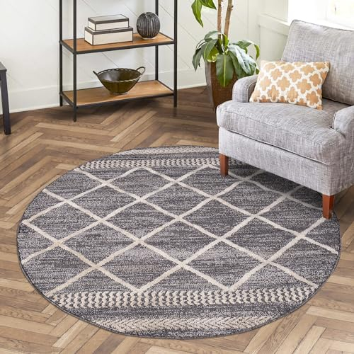 carpet city Teppich Ethno Wohnzimmer Grau - 120x120 cm Rund - Raute-Berber-Muster - Boho-Teppiche Kurzflor Modern - Tricolor Soft&Weich - Flachflor Schlafzimmer