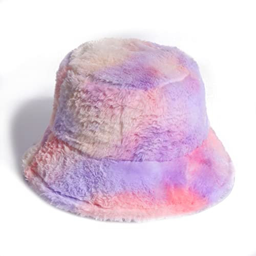 NA Fischerhut Baseballmütze Frauen Winter Regenbogen Bunte Tie Dye Eimer Hut Flauschige Fuzzy Plüsch Kurze Krempe Sonnencreme Dicke Warme Outdoor Panama Fischermütze