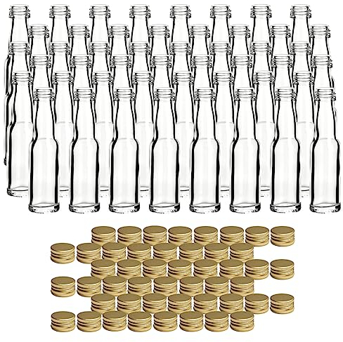 gouveo 48er Set Glasflaschen 20 ml Lang mit Schraubverschluss goldfarben - Mini Flasche 0,02 l zum Befüllen - Glasfläschchen für Likör, Schnaps, Öl oder zum Basteln