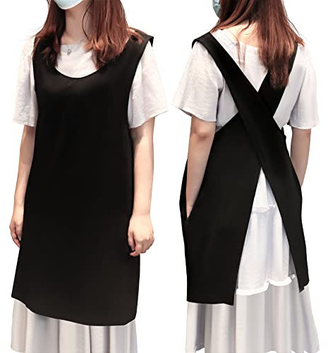 YushengTai Delantal Estilo Japonés de Lino y Algodón Con Bolsillos y Correa en X - Para Cocina, Barbacoa, Jardinería y Tiempo Libre - Negro