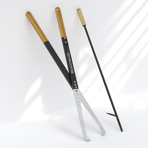 MARVOWARE Robustes Feuerzange und Feuerschürhaken-Set mit Holzisolierungsgriff, Kamin-Schürhakengreifer mit Schlag, Brennholzgreifer Werkzeug für Holzfeuerstelle oder Kamin, geeignet für