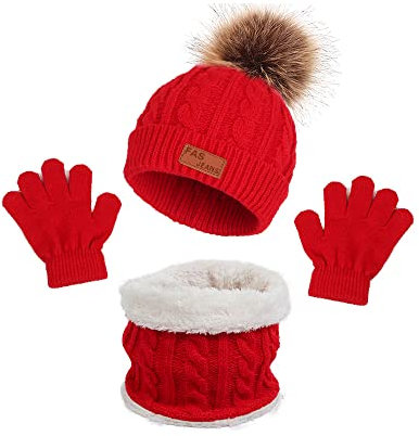 TOKYMOON 3 in 1 Kinder Wintermütze Schal Handschuhe Set Kinder Mütze Set Strickmütze Warme Winter Beanie Hut Handschuhe Schal Set für Kinder Jungen Mädchen Thermo Handschuhe 1-5 JahreRot