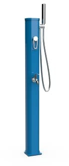 Formidra - Douche Solaire 20 L pour Utilisation en Extérieur de Jardin, Piscine ou Spa - Robinet à Pied, Mitigeur et Douchette Amovible - Aluminium - Bleu Capri - Jolly Go2