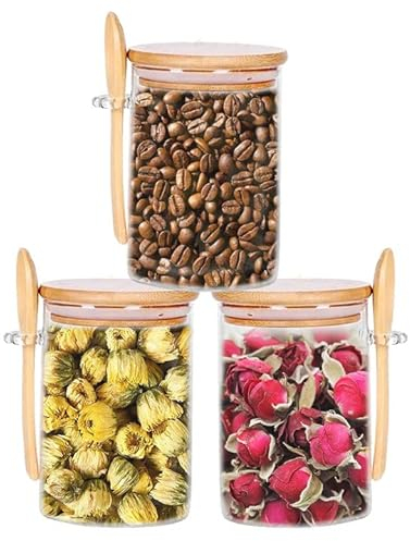 Paquete de 3 Tarros de Vidrio con Tapa Hermética Madera y Cuchara,Recipientes de Cristal de 600ml,Recipientes de Vidrio para Almacenamiento de Alimentos,Tarros de Cristal para Café Té Azúcar Especias