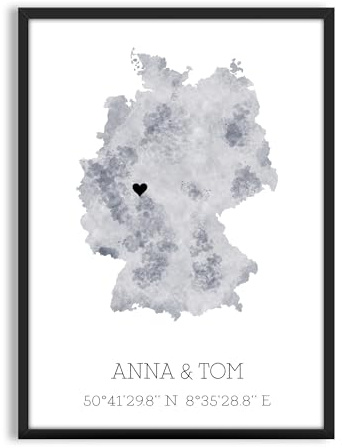 Mountiki® Personalisierte Deutschland Karte | Zuhause Home Bild | Wasserfarben Design | Germany Maps mit Koordinaten und Herz | Heimat Erinnerung | Heimat-Ort Geschenk für Bekannte & Freunde