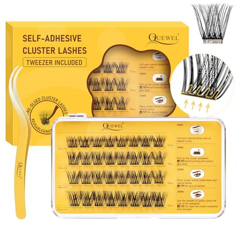 Pre-Glued -Cluster-Lashes QUEWEL Self-Adhesive-Eyelashes Natural Look, No-Glue Needed Lash Clusters, Reusable Preglued-Eyelashesfor Beginner Easy to Apply, DIY Lash-Extensions for Home Use(ZN-05)