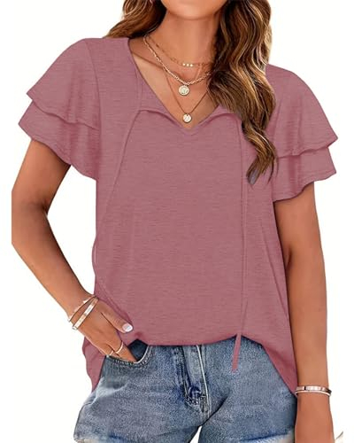 Tanmolo Damen Tshirt V-Ausschnitt Sommer Top Rüschen Kurzarm Oberteile Elegant Bluse T-Shirt Tunika mit Kordelzug Verwelkte Rose, M