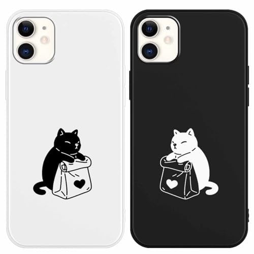 Yoedge 2 Pack Cute Lovers Cat Phone Case for iPhone 12/iPhone 12 Pro 6,1,Ultrathin Soft Silicone with Aesthetics Pattern,Shockproof Bumper Protector Matte Cover for iPhone 12,Girls Women Black White