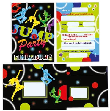Limonia 12 Einladungskarten inkl. 12 Umschläge zum Kindergeburtstag Jump Party Trampolin Disco Tanzen Einladung Set Geburtstag Mädchen Kinder Jungs Jungen Boys Teenies