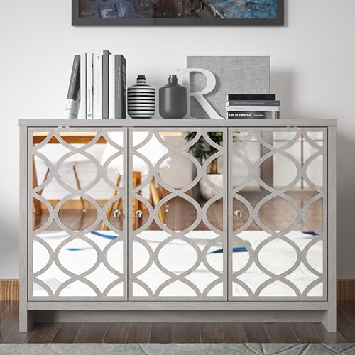 Galano Ilse Sideboard mit 3 Türen – Höhenverstellbare Ablagen Buffetschränke – Elegante Lasergeschnittener Spiegel Kommode - 39.8T x 115.6B x 77.6H cm - Staubgraue Eiche