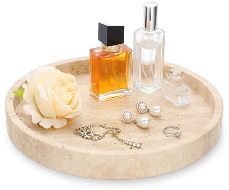 OLegei Plateau de Salle de Bain en travertin Beige Naturel, Plateau de Rangement Rond pour Bijoux Plateau de décor Plateau de Service 25 * 3cm