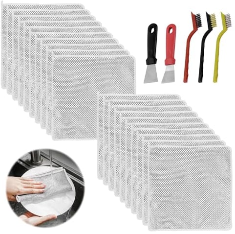 20 PCS Wire Dishwashing Rags, Multipurpose Wire Miracle Cleaning Clothsm, Non Scratch Wire Dishcloth, Multipurpose Wire Dishwashing Rags for Wet And Dry, with Cooktop Brush and Cleaning Spatula
