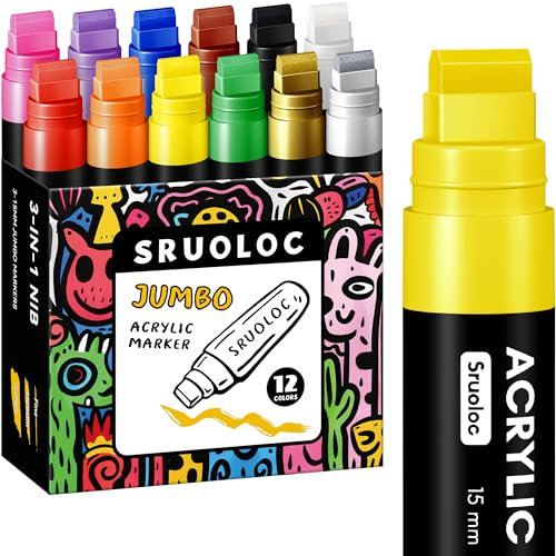 SRUOLOC 12 Colors Jumbo Graffiti Markers, 15mm Jumbo Felt Tip, Acrylic Paint Markers for Rock Painting, Poster, Stone, Ceramic, Glass, Wood, Canvas