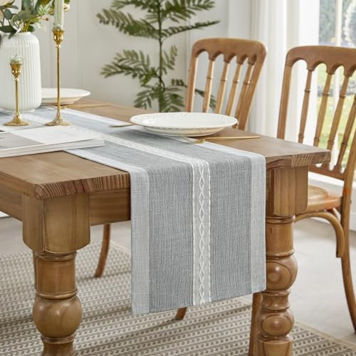 Wracra Stickerei Baumwolle Leinen Tischläufer, Bauernhaus-Stil Indoor Outdoor Grau Tabelle Läufer 120cm für Party Esszimmer Küche Dekorationen(Grau, 120cm)