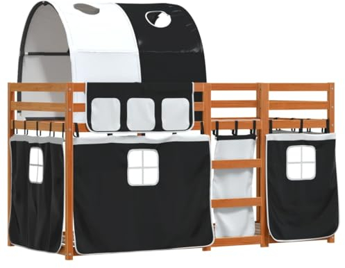 vidaXL Etagenbett, Kinderbett mit Vorhängen Leiter, Hochbett Spielbett für Kinder ab 6 Jahren, Doppel Stockbett Bett, Weiß Schwarz 90x200cm Massivholz Kiefer