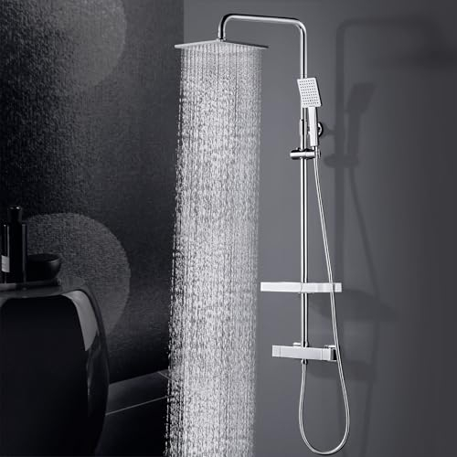 ARCORA Duschsystem mit Thermostat, Duschset Schwarz Regendusche Eckig Duschgarnitur Duschsäule Duscharmatur mit Handbrause, Duschstange aus Edelstahl, Thermostatventil aus Kupfer für Bad,Chrome