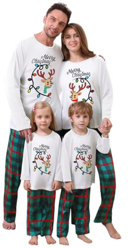 ZOEREA Weihnachten Familie Schlafanzug Outfit Elch Grün Kariertes Nachtwäsche Herren Damen Kiner Baby Lang Pyjamas Set Damen M