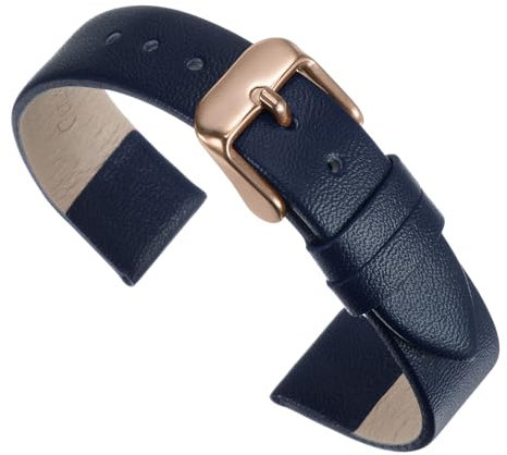 QUARKZMAN Bracelet de Montre en Cuir Véritable Bleu Foncé de 16 mm de Largeur Plat et Fin avec Boucle en Or Rose pour Hommes et Femmes