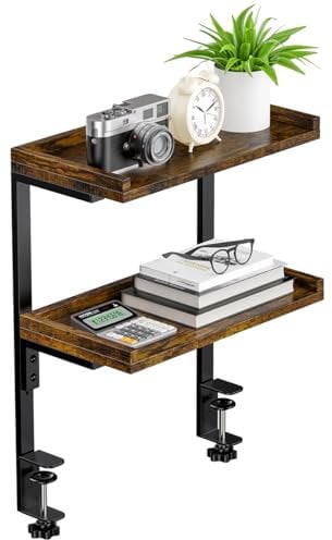 THYGIFTREE Clamp On Desk Shelf 2-Tier, Wood Shelving Unit for Office Gaming Accessories, Tabletop Book Storage Rack, Shelf for Top of Desk, Brown