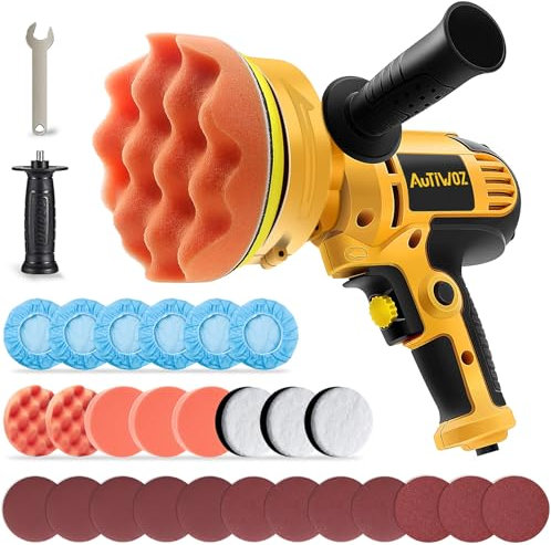 AUTIWOZ Car Polisher Buffer Sander Rotary Polishing Machine Handheld Mini Polish Kit for Car Boat Floor Motorcycles DIY Detailing Buffing Polishing with 5in Waxing Sponge Pads 700W 6-Speed 600-3500RPM