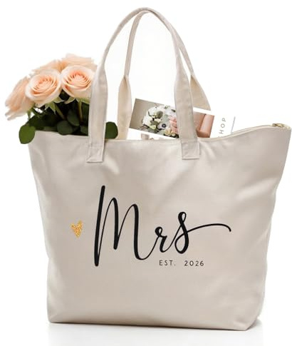 CARAKNOTS Mrs Tote Bag for Bride 2026 – Large Natural Canvas Wedding Tote with Zipper & Pocket, Future Mrs & Bride to Be Gifts for Bridal Shower, Engagement, Bachelorette Party, Honeymoon Beach Bag