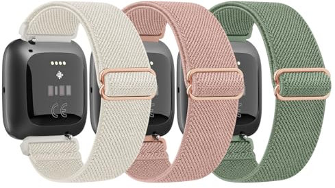 Vancle 3 Stück Armband für Fitbit Versa 2/Versa/Versa Lite/SE, Nylon Elastisch Verstellbares Uhrenarmband, Herren Damen, Grün/Rosa/Starlight