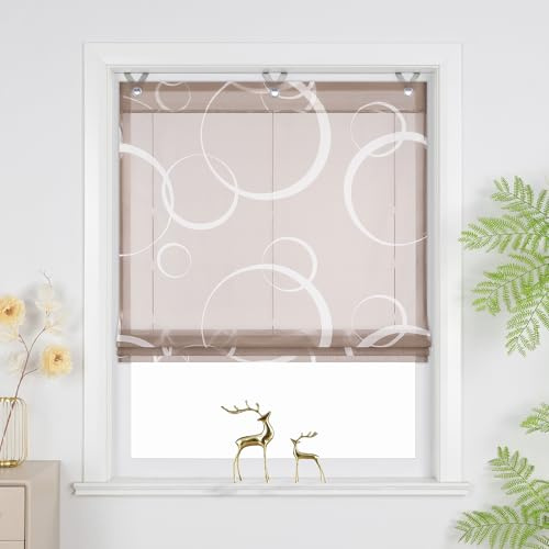 Joyswahl Raffrollo ohne Bohren Lichtdurchlässig Raffgardinen Braun 130x80 | Voile Ösenrollo mit Hakenaufhängung, Fenster Vorhänge für Fenster mit Ösen, Wohnzimmer, 1 Stück, Fensterrollo innen modern