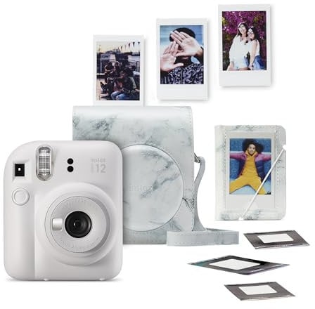 instax mini 12 instant camera bundle,pack contains; Camera, Ready-to-take camera case, mini photo albu in white marble finish, 1 x 10 shot mini white border instant film, photo stickers
