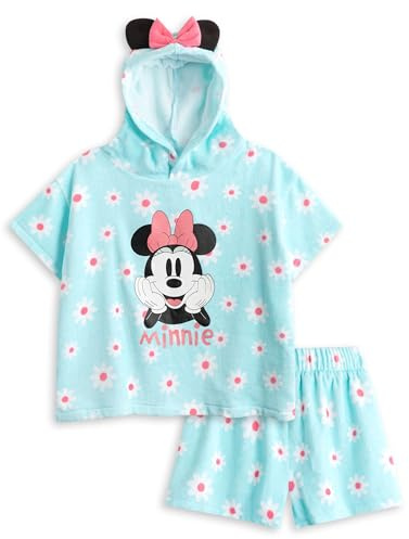 Disney Minnie Mouse Blue Flower Print 2 Piece Towelling Co-ord | Girls Hooded Outfit with 3D Ears & Bow | Beachwear, Poolside, Summerwear & Casualwear Set